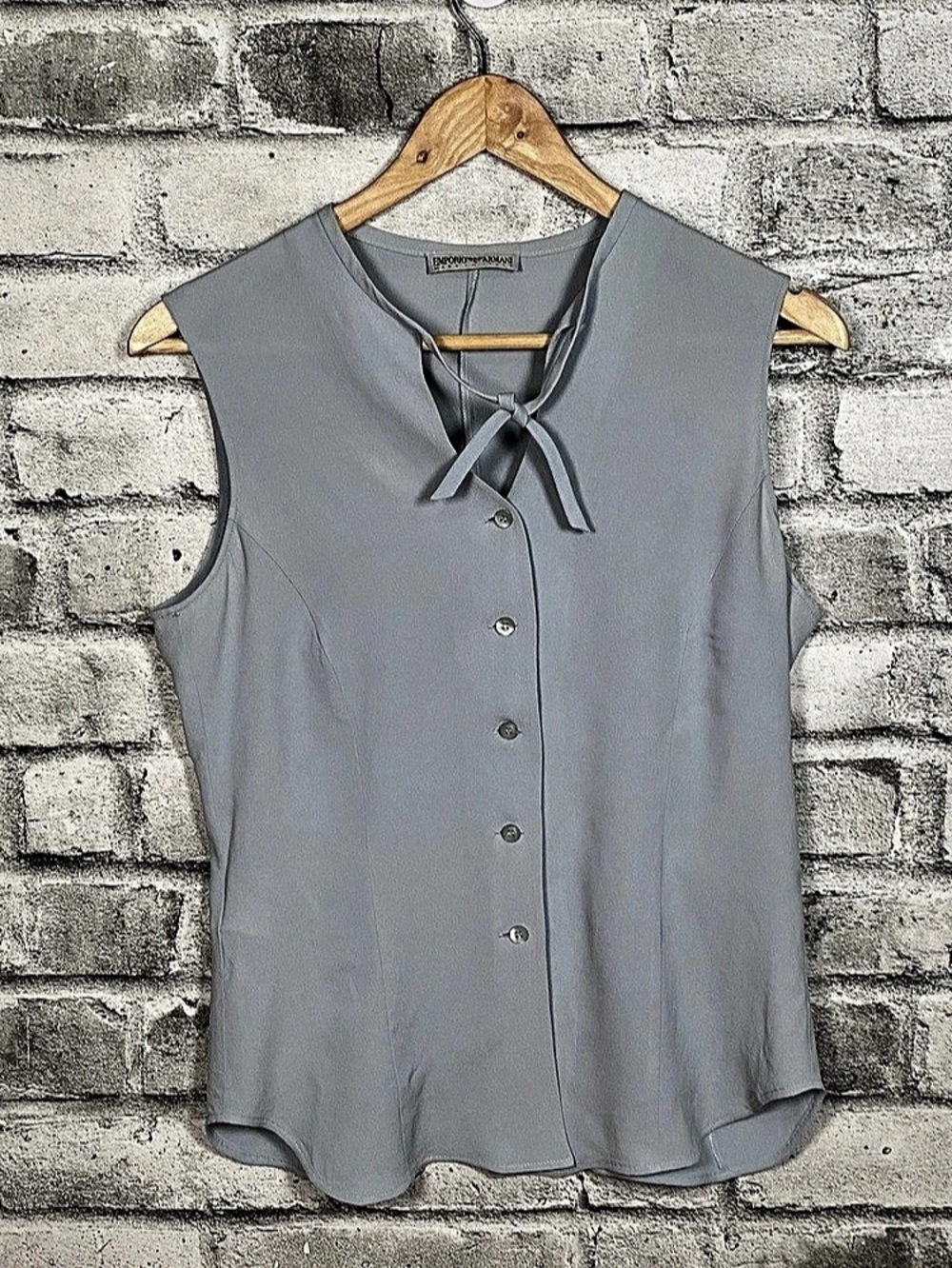 Emporio Armani Sleeveless Tie Neck Blouse in Blue Size 44